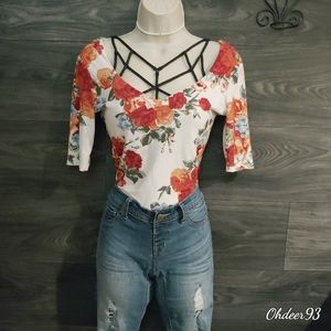 (3for$20)Almost Famous size small half sleeve cross back wide neck floral crop